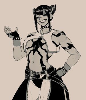 1girl baggy_pants bare_shoulders belt black_hair bracelet breasts capcom cleavage collar commentary cullieon english_commentary evil_smile fingerless_gloves gloves han_juri hand_on_own_hip highres jewelry looking_at_viewer navel pants short_hair smile solo solo_focus spiked_bracelet spiked_collar spikes stomach street_fighter street_fighter_6