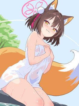1girl absurdres animal_ear_fluff animal_ears blue_archive colored_inner_animal_ears commentary_request duplicate eyeshadow fox_ears fox_girl fox_tail hair_ornament halo highres izuna_(blue_archive) looking_at_viewer makeup naked_towel ochazuke_(artist) onsen pink_eyeshadow pink_halo pom_pom_(clothes) pom_pom_hair_ornament smile soaking_feet solo tail towel wet wet_towel