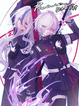 1boy 1girl alternate_costume armband belt belt_buckle black_jacket blue_eyes blue_hair buckle buttons colored_eyelashes commentary english_text eyelashes eyes_visible_through_hair facial_mark fire floating_hair hair_between_eyes hair_over_one_eye heterochromia highres holding holding_sword holding_weapon jacket long_hair long_skirt long_sleeves looking_at_viewer mero_(merope_hika) multicolored_hair pink_eyes pink_fire red_eyes school_uniform shion_(hundred_line) simple_background skirt smile streaked_hair sword the_hundred_line_-last_defense_academy- v'ehxness weapon white_background white_belt white_eyes white_hair