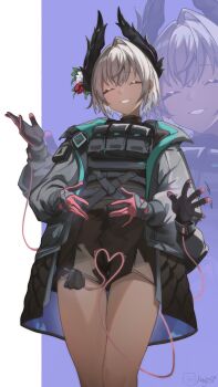 1girl absurdres arknights black_horns buckle closed_eyes electric_plug electric_plug_tail extra_arms flower gloves grey_hair grey_jacket grin hair_flower hair_intakes hair_ornament heart heart_tail highres horns jacket kampswe_galong pouch purple_background raidian_(arknights) shorts signature smile solo strap tail thigh_gap waving zoom_layer