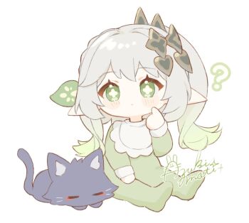 1girl ? aged_down alternate_costume animalization arm_at_side asymmetrical_sidelocks bib black_cat blush_stickers braid bright_pupils cat child closed_mouth colored_tips commentary cross-shaped_pupils eyelashes full_body genshin_impact green_hair green_sleeves hair_ornament half_crown_braid hand_up heart heart_hair_ornament index_finger_raised leaf leaf_hair_ornament long_hair long_sleeves looking_at_viewer marumochi_(muuun251) multicolored_hair nahida_(genshin_impact) onesie pointy_ears scaramouche_(cat)_(genshin_impact) scaramouche_(genshin_impact) side_ponytail sidelocks signature sitting solo symbol-shaped_pupils tareme untranslatable_commentary white_background white_hair white_pupils