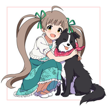 Rule 34 | 1girl, :d, ;p, ahoge, animal, animal hug, bandana, bandana around neck, border collie, brown eyes, brown hair, cardigan, commentary request, dog, floral print, floral print skirt, full body, green ribbon, green skirt, hair ribbon, hakozaki serika, idolmaster, idolmaster million live!, junior (idolmaster), long hair, looking at viewer, no socks, one eye closed, open mouth, print skirt, red bandana, ribbon, shoes, short sleeves, skirt, smile, squatting, tongue, tongue out, trinitro (nitro koubou), twintails, very long hair, white background, white cardigan, white shoes