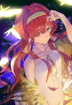 1girl adjusting_hair bare_shoulders blue_eyes bug butterfly capelet commentary_request dress glowing_butterfly green_capelet green_hairband hair_over_one_eye hairband hand_up highres insect long_hair looking_at_viewer low_twintails nnicoinu official_alternate_costume one_eye_covered plant purple_background red_hair reverse:1999 sleeveless sleeveless_dress solo spaghetti_strap twintails upper_body white_dress yenisei_(around_the_riverbend)_(reverse:1999) yenisei_(reverse:1999)