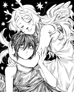 1girl 1other alternate_costume androgynous animal_ears animal_nose antlers bare_arms bare_shoulders black_background black_dress black_hair blonde_hair buck_teeth closed_eyes commentary deer_antlers deer_ears deer_girl deltarune dress english_commentary expressionless fake_horns feathered_wings freckles furry furry_female goomyloid hair_between_eyes head_hug highres horns hug kris_(deltarune) light_smile lineart long_hair loose_hair_strand monochrome noelle_holiday sleeveless sleeveless_dress star_(symbol) teeth utdr_(toby_fox) white_dress wings