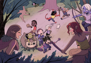 Rule 34 | aged down, astarion, baldur's gate, baldur's gate 3, black eyeshadow, black hair, black lips, colored skin, dungeons & dragons, elf, eyeshadow, gale (baldur's gate), hair between eyes, halsin, highres, karlach, lae'zel, makeup, minthara, multi-tied hair, multiple boys, multiple girls, nyachooh, orin the red, owlbear, pointy ears, red skin, shadowheart (baldur's gate), short hair, smile, sword, tav (baldur's gate), the dark urge (baldur's gate), tiefling, weapon, wyll (baldur's gate)