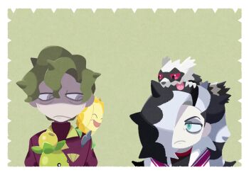 2boys bags_under_eyes black_hair black_shirt brassius_(pokemon) galarian_form galarian_zigzagoon gen_2_pokemon gen_8_pokemon green_eyes green_hair hair_over_one_eye highres long_hair multicolored_hair multiple_boys nintendo on_head open_mouth pale_skin piers_(pokemon) pokemon pokemon_(creature) pokemon_on_head pokemon_sv pokemon_swsh ringed_eyes shirt simple_background smoliv spiked_hair sunflora tongue two-tone_hair wavy_hair white_hair yarkham_asylum