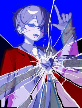 Rule 34 | 1boy, :d, alternate costume, alternate eye color, alternate hair color, antenna hair, arm at side, arm up, blue background, blue eyes, collared shirt, colored skin, commentary, crack, cracked glass, crossed bangs, double-parted bangs, empty eyes, eyepatch, fang, film grain, from below, grey hair, grey shirt, hair behind ear, hair between eyes, hand on own wrist, hand up, heart, highres, holding own arm, holding own wrist, index finger raised, jacket, lapels, layered sleeves, long sleeves, male focus, medical eyepatch, necktie, no pupils, omori, omori (omori), one eye covered, open mouth, red jacket, rou (h s sinrin), shirt, short hair, simple background, smile, solo, tongue, upper body, very short hair, white necktie, white skin