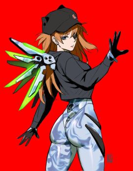 1girl ass baseball_cap blue_background bodysuit bodysuit_under_clothes breasts brown_hair curvy dutch_angle evangelion:_3.0_you_can_(not)_redo eyepatch grey_bodysuit hat highres huge_ass interface_headset_(evangelion) jacket lips long_hair looking_at_viewer looking_back mecha_pilot_suit mechanical_wings medium_breasts multicolored_bodysuit neon_genesis_evangelion plugsuit_(evangelion) rebuild_of_evangelion red_background sairamgtz shiny_clothes simple_background skin_tight skindentation solo souryuu_asuka_langley standing track_jacket two_side_up white_bodysuit wide_hips wings