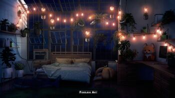 3d absurdres bed blanket blender_(medium) building cable carpet cat commentary computer_keyboard computer_mouse desk electrical_outlet english_commentary foxeleos highres indoors light_bulb monitor mousepad_(object) night no_humans open_window original photoshop_(medium) pillow plant radiator scenery sky string stuffed_animal stuffed_toy wall watermark window wooden_floor