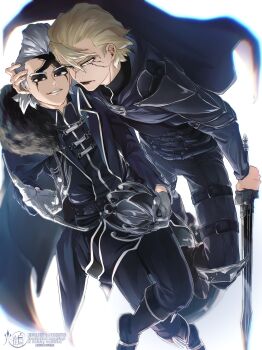 2boys absurdres armor artist_name belt black_armor black_cape black_eyes black_pants black_sclera blonde_hair boots cape colored_sclera dr._stone eyepatch fur_trim gloves grey_hair half_mask helmet highres holding holding_sword holding_weapon looking_at_viewer male_focus mask mitsuru_(aica_hikari) multiple_boys pants short_hair shoulder_armor smile stanley_snyder_(dr.stone) sword weapon white_background white_hair xeno_(dr.stone) yellow_eyes