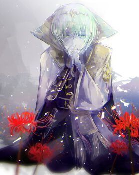 1boy armor cape cloak crown fire_emblem fire_emblem:_three_houses flower greaves green_eyes green_hair highres kneeling male_byleth_(fire_emblem) nintendo own_hands_together praying ribbon ric_(aceradio) short_hair solo