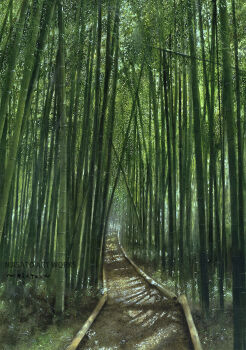 artist_name bamboo bamboo_forest commentary_request dappled_sunlight day forest highres nature no_humans original outdoors painting_(medium) path road scenery signature sunlight traditional_media watanabe_masato watercolor_(medium)