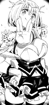 Rule 34 | 1girl, alternate costume, black background, blush, boots, breasts, capelet, cleavage, closed mouth, detached sleeves, epaulettes, frilled skirt, frills, gloves, gradient background, greyscale, gridman universe, gridman universe (movie), hand on own hip, hand up, highres, instance domination, ireading, large breasts, long sleeves, looking at viewer, military uniform, monochrome, navel, official alternate costume, shinjou akane (new order), shirt, short hair, skindentation, skirt, smile, solo, thigh boots, thighhighs, thighs, white background, zettai ryouiki