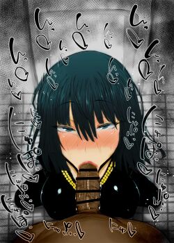 1boy 1girl 1other bar_censor blush breasts censored colorized fellatio from_above fubuki_(one-punch_man) green_eyes green_hair hetero jewelry kurotama large_breasts lips looking_at_viewer necklace one-punch_man oral penis pov punch