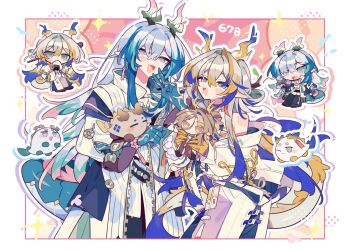 1boy 1girl aqua_hair arknights blonde_hair blue_hair blue_skin blush_stickers border brother_and_sister character_doll chibi chibi_inset coat colored_extremities colored_skin colored_tips commentary_request cowboy_shot doll dragon_boy dragon_bubble_(arknights) dragon_girl dragon_horns dragon_tail drop_shadow food grey_hair hair_intakes holding holding_doll holding_food horns jacket ji_(arknights) looking_at_viewer multicolored_hair off_shoulder onigiri open_mouth outline pink_background pink_hair pointy_ears shu_(arknights) siblings smile tail white_border white_coat white_jacket yellow_skin yi_(arknights) ym_dpl
