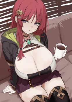 1girl absurdres be9459 black_boots black_jacket blue_eyes boots braid breasts coffee commission couch cup hair_ornament hairpin highres holding holding_cup huge_breasts jacket long_hair on_couch open_clothes open_jacket original panties pantyshot pleated_skirt red_hair red_skirt sitting skeb_commission skirt solo strapless thigh_boots thighs tube_top underwear white_panties white_tube_top