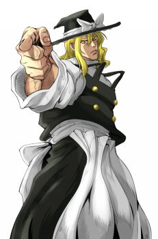 1boy apron back_bow batsu black_hat black_vest blonde_hair bow buttons closed_mouth commentary_request cowboy_shot double-breasted foreshortening fusion hat hat_bow hat_ribbon jojo_no_kimyou_na_bouken jojo_pose kirisame_marisa kujo_jotaro&#039;s_pose kuujou_joutarou long_hair long_sleeves looking_at_viewer male_focus manlification pointing pointing_at_viewer ribbon shirt simple_background solo standing touhou turtleneck turtleneck_shirt vest waist_apron white_apron white_background white_bow white_ribbon white_shirt witch_hat yellow_eyes