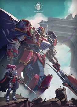 1girl 1other armor armored_boots asymmetrical_arms bandaged_arm bandages banner belt blue_sky boots breastplate cape chaps chipped_paint cloud cloudy_sky concrete crest dust_cloud glowing glowing_eye glowing_eyes highres holding holding_polearm holding_weapon industrial_pipe knight lancer_rpg mecha original peyton_gee polearm ponytail pouch rebar red_armor red_hair robot rubble ruins science_fiction shoulder_armor sidelocks sky spear weapon