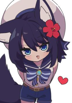 1girl :d absurdres animal_ear_fluff animal_ears arms_behind_back belt belt_buckle beret black_sailor_collar blue_bow blue_eyes blue_hair blue_shorts blush bow brooch brown_belt buckle commentary_request fang flower fox_ears fox_girl fox_tail hair_between_eyes hair_flower hair_ornament hat heart hibiscus highres jewelry leaning_forward long_hair looking_at_viewer open_mouth original red_flower sailor_collar saisoku_no_yukkuri shirt shorts simple_background sleeveless sleeveless_shirt smile solo standing striped_bow tail white_background white_hat white_shirt
