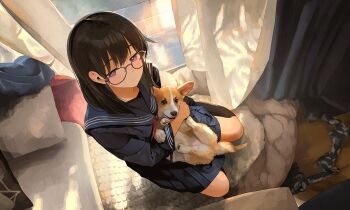 1girl animal black-framed_eyewear black_hair blue_sailor_collar blue_serafuku blue_shirt blue_skirt choppy_bangs closed_mouth commentary curtains dog expressionless from_above full_body glasses holding holding_animal holding_dog indoors kneeling long_hair long_sleeves looking_at_viewer looking_up morifumi neckerchief original pleated_skirt red_neckerchief sailor_collar school_uniform serafuku shirt skirt solo symbol-only_commentary welsh_corgi