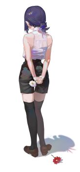 1girl absurdres arms_behind_back bare_shoulders black_choker black_hair black_shorts black_thighhighs bomb_devil_(chainsaw_man) brown_shoes chainsaw_man choker collared_shirt commentary_request different_shadow flower from_behind full_body high-waist_shorts highres holding holding_flower low_ponytail medium_hair ponytail red_flower reze_(chainsaw_man) sentter shirt shoes shorts simple_background sleeveless sleeveless_shirt solo standing thighhighs white_background white_flower white_shirt zettai_ryouiki