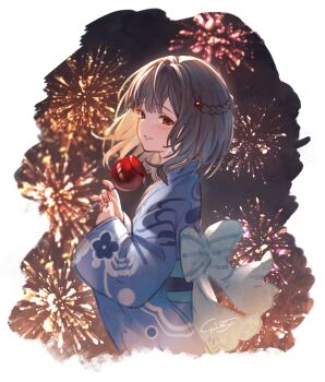 1girl ayacho beads black_hair blue_kimono blush braid candy_apple commentary_request fireworks food granblue_fantasy hair_beads hair_ornament highres holding holding_food japanese_clothes kimono long_sleeves looking_at_viewer looking_to_the_side obi parted_lips red_eyes sash short_hair signature solo upper_body vikala_(granblue_fantasy) yukata