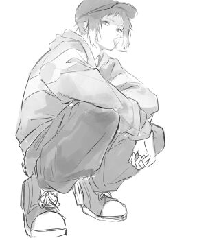 1boy akutagawa_ryuunosuke_(bungou_stray_dogs) alternate_costume arms_on_knees baseball_cap blowing_bubble_gum bungou_stray_dogs chewing_gum commentary_request full_body greyscale hat hiba_riko highres hood hoodie looking_at_viewer male_focus monochrome panties shoes short_hair sidelocks simple_background solo squatting underwear white_background