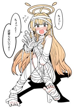 Rule 34 | 1girl, absurdres, ahoge, arm on knee, bandage on hair, bandaged arm, bandaged chest, bandaged hand, bandaged head, bandaged leg, bandages, barefoot, blonde hair, blue archive, blush, breasts, brown eyes, flying sweatdrops, halloween, halloween costume, halo, hand up, highres, knees together feet apart, long hair, looking at viewer, mummy, mummy costume, naked bandage, official alternate costume, open hand, open mouth, reaching, reaching towards viewer, shadow, simple background, single bare shoulder, sitting, small breasts, solo, speech bubble, sweatdrop, translation request, white background, wujurana, yellow halo, yoshimi (blue archive), yoshimi (halloween) (blue archive)