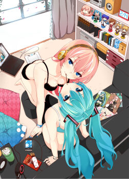 2girls aqua_hair arm_support blue_eyes bra breasts computer curtains mp3_player drawing_tablet figure food hachune_miku hatsune_miku headphones highres kagamine_len kagamine_rin kaito_(vocaloid) laptop lingerie long_hair megurine_luka meiko_(vocaloid) multiple_girls nail_polish nuko_(mikupantu) panties pink_hair pocky pocky_kiss recursion shared_food shelf sitting small_breasts takoluka tsurime twintails underwear valentine vocaloid watch yuri
