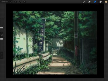 alley art_program_in_frame awoi_(awoiro7) bush dappled_sunlight grass highres no_humans original outdoors path procreate_(medium) procreate_(software) road scenery sign sunlight tree utility_pole
