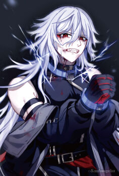 1boy a_date_with_death belt black_background black_belt black_gloves black_shirt blood bound bound_wrists bruise casper_(a_date_with_death) covered_pectorals eye_trail fang gloves grimace hair_between_eyes injury light_trail long_hair looking_at_viewer male_focus pectorals red_eyes sanfangzhu58831 shirt sleeveless sleeveless_shirt solo tears white_hair