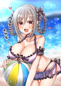 Rule 34 | 1girl, absurdres, argyle bikini, argyle clothes, ball, bare shoulders, beach, beachball, bikini, bikini skirt, bloom, blurry, blurry background, blush, braid, braided hair rings, breast rest, breasts, choker, cleavage, collarbone, cowboy shot, diffraction spikes, dutch angle, frilled bikini, frills, gluteal fold, grey hair, hair between eyes, hair rings, halterneck, highres, idolmaster, idolmaster cinderella girls, kanzaki ranko, lace-trimmed choker, lace trim, large breasts, leaning forward, long hair, looking at viewer, mabanna, navel, ocean, open mouth, red eyes, ribbon, sidelocks, signature, sky, smile, solo, sun, swimsuit, thigh gap, tsurime, twin braids, underboob, upturned eyes, wet