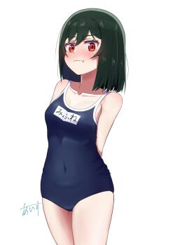 1girl :t arms_behind_back black_hair blue_one-piece_swimsuit blush bob_cut breasts character_name closed_mouth collarbone commentary_request competition_school_swimsuit covered_navel cowboy_shot highres ice_compass0610 looking_at_viewer love_live! love_live!_nijigasaki_high_school_idol_club medium_breasts medium_hair mifune_shioriko name_tag new_school_swimsuit nose_blush one-piece_swimsuit orange_eyes pout school_swimsuit signature simple_background solo split_mouth swept_bangs swimsuit white_background