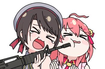 >_< 2girls ahoge assault_rifle bare_shoulders beret black_hair blush_stickers bow bowtie cheek_poking closed_eyes collared_shirt commentary_request deformed double-parted_bangs frilled_shirt frills grey_bow grey_bowtie grey_hat grey_shirt gun hair_ornament hand_up hands_up hat holding holding_gun holding_weapon hololive laughing long_hair multiple_girls official_alternate_costume oozora_subaru oozora_subaru_(suspenders) open_mouth pink_hair pink_shirt poking rifle sakura_miko sakura_miko_(1st_costume) shirt short_hair simple_background sleeveless sleeveless_shirt swept_bangs tanukatsudon teardrop tearing_up unhappy virtual_youtuber weapon white_background x_hair_ornament