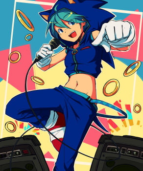 1girl :d ahoge anah_41 animal_ears aqua_hair bare_shoulders blue_eyes blue_hoodie blue_pants cable commentary cosplay crop_top fake_animal_ears fake_tail gloves hair_between_eyes hatsune_miku hatsune_miku_(sonic_style) highres holding holding_microphone hood hood_up hoodie looking_at_viewer microphone midriff navel open_mouth pants pointing pointing_at_viewer project_diva_(series) project_diva_extend red_shoes ring_(sonic) shoes short_hair sleeveless sleeveless_hoodie smile solo sonic_(series) sonic_the_hedgehog sonic_the_hedgehog_(cosplay) speaker standing standing_on_one_leg tail vocaloid white_gloves