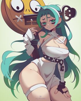 1girl a.b.a annoyed bags_under_eyes bandages breasts flipherrrr green_eyes grey_hair guilty_gear guilty_gear_strive hand_on_own_thigh highres holding holding_key key key_in_head long_hair looking_at_viewer object_through_head paracelsus_(guilty_gear) side_slit stitched_mouth stitches