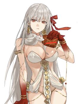 1girl armlet belly_chain bracelet breasts candy cherroppi chocolate chocolate_heart cleavage colored_extremities commentary_request cowboy_shot durga_(fate) earrings expressionless fate/grand_order fate_(series) food grey_hair hair_ribbon hand_up heart heart-shaped_food highres holding holding_chocolate holding_food jewelry korean_commentary large_breasts long_hair looking_at_viewer pelvic_curtain red_eyes red_hands red_ribbon revealing_clothes ribbon snake solo very_long_hair