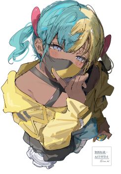 1girl absurdres aqua_hair blonde_hair blue_eyes blush canari_(pokemon) commentary_request dark-skinned_female dark_skin fingernails from_above highres holding holding_poke_ball jacket looking_at_viewer multicolored_hair nail_polish nintendo poke_ball pokemon pokemon_legends:_z-a short_hair simple_background solo twintails two-tone_hair ume_(ume_445) white_background yellow_jacket yellow_nails