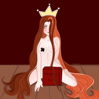 1girl absurdres breasts brown_hair censored collarbone convenient_censoring cross cross_pasties crown highres large_breasts legs lips lipstick long_hair makeup navel neverland pasties red_background sitting solo thighs yellow_eyes