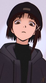 1girl absurdres asymmetrical_hair beanie black_sweater brown_eyes brown_hair from_below gnlop hair_ornament hat highres hood hooded_jacket iwakura_lain jacket looking_at_viewer open_clothes open_jacket serial_experiments_lain single_sidelock solo sweater turtleneck turtleneck_sweater x_hair_ornament