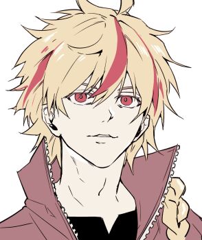 Rule 34 | 1boy, black shirt, blonde hair, braid, collared jacket, fate/strange fake, fate (series), fog fgo, hair between eyes, highres, jacket, light smile, male focus, parted lips, popped collar, portrait, red eyes, red hair, richard i (fate), richard i (second ascension) (fate), shirt, simple background, single braid, solo, unzipped, white background