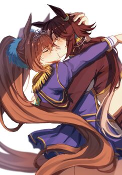 2girls aiguillette animal_ears arms_around_neck black_jacket black_shorts blue_jacket blue_skirt blush breasts brown_hair closed_eyes commentary crop_top daiwa_scarlet_(peak_blue)_(umamusume) daiwa_scarlet_(umamusume) english_commentary epaulettes hair_intakes horse_ears horse_girl jacket juliet_sleeves kiss large_breasts long_hair long_sleeves midriff multicolored_hair multiple_girls puffy_sleeves shorts skirt tiara twintails umamusume very_long_hair vodka_(umamusume) vodka_(wild_top_gear)_(umamusume) yuri zhadly_ded