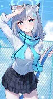 1girl aimo_wotku animal_ear_fluff animal_ears arm_up black_skirt blue_archive blue_eyes blue_halo blue_scarf blue_sky blurry blurry_background blush bright_pupils cloud commentary_request cowboy_shot cross_hair_ornament day earrings extra_ears fringe_trim grey_hair hair_between_eyes hair_ornament halo hand_up highres holding holding_hose hose jewelry long_sleeves looking_at_viewer medium_hair miniskirt mismatched_pupils outdoors parted_lips plaid_clothes plaid_skirt pleated_skirt railing scarf school_uniform shading_eyes shiroko_(blue_archive) shirt skirt sky sleeves_rolled_up slit_pupils solo straight_hair stud_earrings white_pupils white_shirt wolf_ears wolf_girl