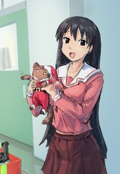 Rule 34 | 1girl, absurdres, animal, azumanga daiou, black hair, cat, gun, handgun, hat, highres, liamickpie, long hair, looking at viewer, mayaa (azumanga daioh), open mouth, sakaki (azumanga daioh), santa costume, santa hat, school uniform, solo focus, weapon