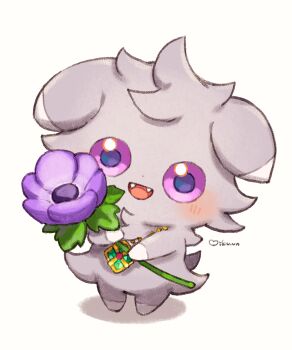 3ikurasan :d blush commentary_request espurr fangs flower gen_6_pokemon happy highres holding holding_flower nintendo no_humans open_mouth pokemon pokemon_(creature) pokemon_focus purple_eyes purple_flower signature smile solo standing tongue white_background