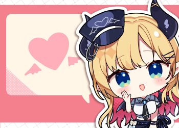 1girl :d black_hat black_necktie blonde_hair blue_eyes blush breasts chibi chibi_only collared_shirt commentary demon_girl demon_horns demon_wings hair_ornament hand_up hat heart highres hololive horns kashiwase_karune long_hair looking_at_viewer necktie open_mouth outline shirt short_sleeves smile solo upper_body virtual_youtuber white_outline white_shirt wings x_hair_ornament yuzuki_choco