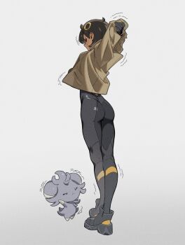 1girl ass black_bodysuit black_hair bodysuit brown_jacket closed_eyes closed_mouth commentary daniel_deng dark-skinned_female dark_skin emma_(pokemon) espurr gen_6_pokemon grey_background highres jacket long_sleeves nintendo pokemon pokemon_(creature) pokemon_legends:_z-a profile short_hair simple_background smile stretching