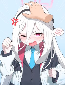 1girl 1other absurdres anger_vein black_hairband blue_archive blue_necktie blush commentary disembodied_hand hair_between_eyes hairband halo hand_on_another's_head highres jacket kei_(blue_archive) kei_(new_body)_(blue_archive) long_hair looking_at_viewer necktie one_eye_closed open_mouth petting pink_eyes pink_halo solo_focus spoken_blush terumasa_(amanoy) white_hair white_jacket
