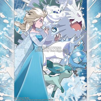 1girl abomasnow alolan_form alolan_ninetales articuno artist_name bare_shoulders blonde_hair blue_dress closed_mouth commentary company_name copyright_notice dress elsa_(frozen) english_commentary eyelashes eyeshadow from_side frosmoth frozen_(disney) gen_1_pokemon gen_4_pokemon gen_7_pokemon gen_8_pokemon glaceon glastrier green_eyes ice instagram_username legendary_pokemon long_hair long_sleeves makeup mega_abomasnow mega_pokemon merchandise_available nintendo nontraditional_poke_ball official_style open_mouth outline poke_ball pokemon pokemon_(creature) purple_eyeshadow snowflakes tom_higgins watermark white_outline