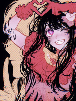 1girl absurdres black_hair commentary dress finger_to_mouth gloves grin hair_ornament heart heart_hands highres hoshino_ai idol idol_clothes long_hair miba one_eye_closed oshi_no_ko pink_dress pink_gloves purple_eyes rabbit_hair_ornament smile solo star-shaped_pupils star_(symbol) star_in_eye symbol-shaped_pupils symbol_in_eye